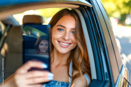 Wallpaper Mural Young woman in a car taking a selfie with her phone. Torontodigital.ca