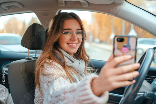 Young woman in a car taking a selfie with her phone. © MVProductions