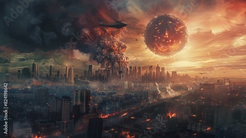 A cityscape under a looming nuclear threat, the bomb visible in the sky, citizens in panic, vibrant yet horrifying depiction of imminent destruction photo
