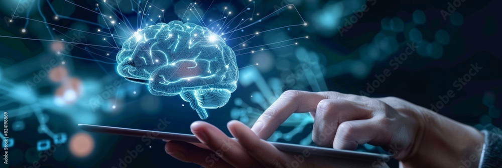 AI, data science, digital technology concept. Computer programmer using digital tablet with AI machine learning, data management system, cloud computing technology, software development AI, data science, digital technology concept. Computer programmer using digital tablet with AI machine learning, data management system, cloud computing technology, software development