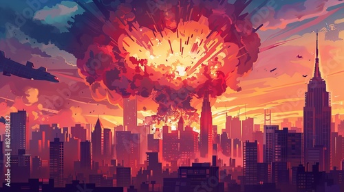 A nuclear bomb descending over a modern city skyline, buildings crumbling as the explosion approaches, vivid colors of the blast reflecting in skyscraper windows