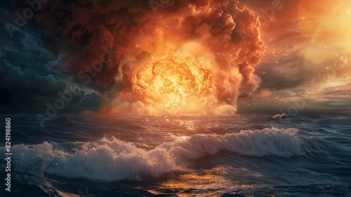 A nuclear explosion in the ocean, massive fireball rising, water vaporizing, and fire spreading across the waves photo