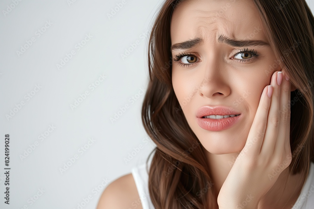 Young woman suffering from toothache on grey background. Dental problem Young woman suffering from toothache on grey background. Dental problem