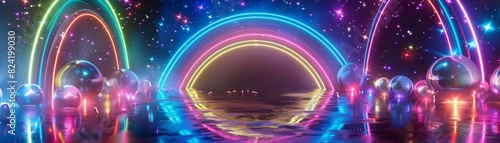 A nighttime PRIDE event with glowing neon sculptures and holographic rainbows, mystical and vibrant, 3D illustration, high-detail