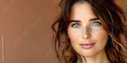 Captivating beauty: Portrait of a woman with mesmerizing green eyes and luscious brown hair. Concept Portrait Photography, Green Eyes, Brown Hair, Mesmerizing Beauty, Captivating Woman photo