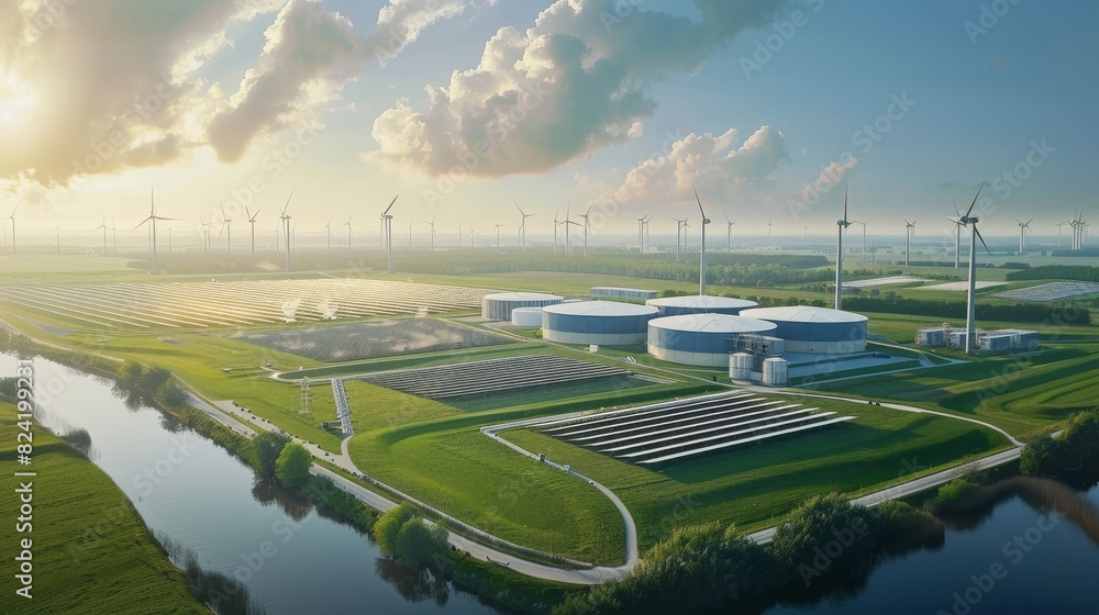 Aerial view of green energy storage facility, surrounded by wind farms ...