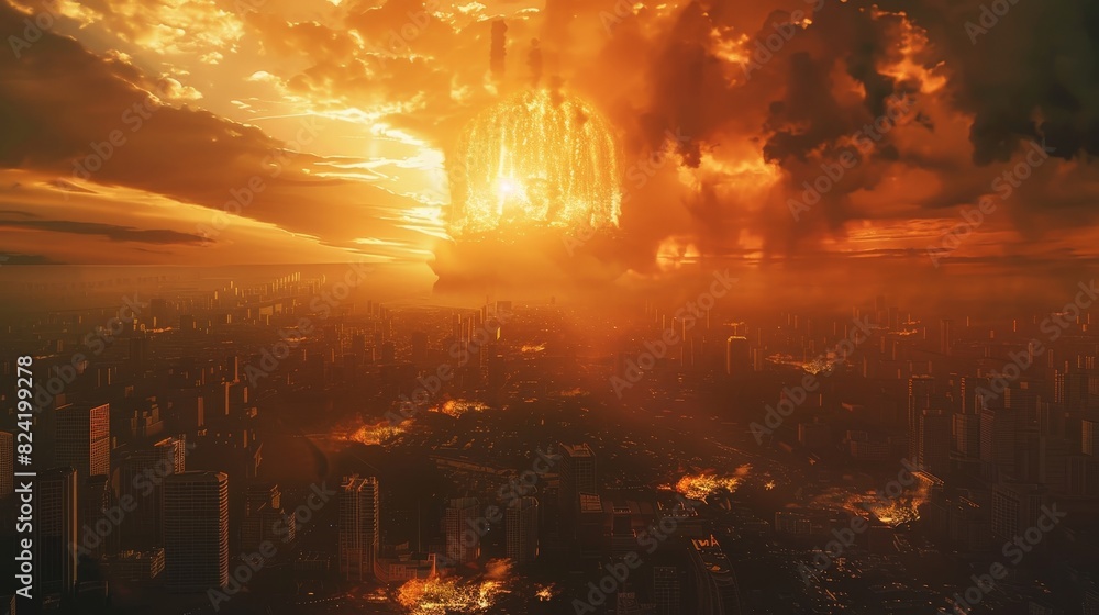 An apocalyptic vision of a city seconds before a nuclear blast, the bomb casting an ominous shadow, intense contrast of light and dark, chaos unfolding An apocalyptic vision of a city seconds before a nuclear blast, the bomb casting an ominous shadow, intense contrast of light and dark, chaos unfolding