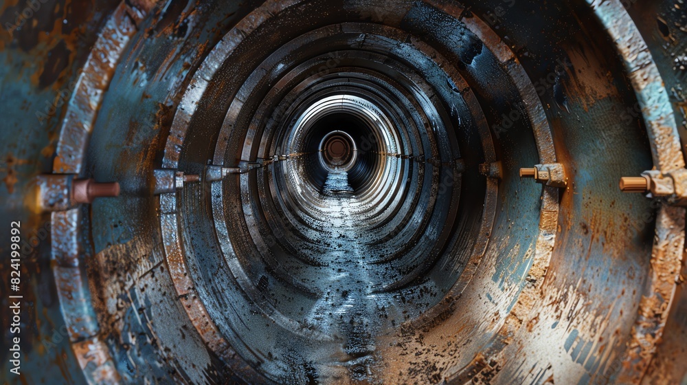 Rusty metallic industrial pipe with corroded surface, tunnel perspective showcasing inner pipeline decay and texture. Rusty metallic industrial pipe with corroded surface, tunnel perspective showcasing inner pipeline decay and texture.