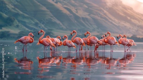 A group of flamingos flying over the lake