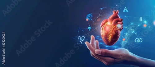 Cartoon doctor hand holding human heart with pulse and medical symbols on blue background, banner for cardiology. Realistic photo #824200034