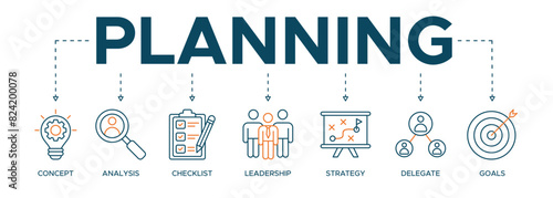 Planning Banner web icon illustration with icons of concept, analysis, checklist, leadership, strategy, delegate and goals photo