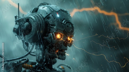 A dark and mysterious robot stands in the rain. Its eyes are glowing and its head is tilted to the side as if it is listening.