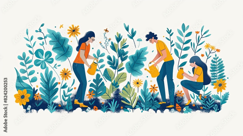 Save planet people poster. Men and women watering plants and picking up trash. Activists and volunteers care about narure and ecology, environment. Cartoon flat vector illustration Save planet people poster. Men and women watering plants and picking up trash. Activists and volunteers care about narure and ecology, environment. Cartoon flat vector illustration
