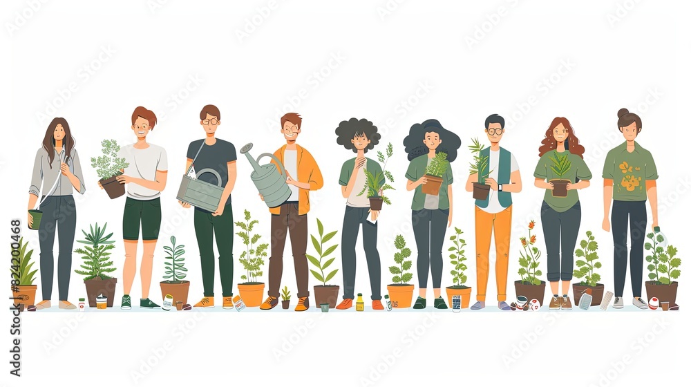 Save planet people poster. Men and women watering plants and picking up trash. Activists and volunteers care about narure and ecology, environment. Cartoon flat vector illustration Save planet people poster. Men and women watering plants and picking up trash. Activists and volunteers care about narure and ecology, environment. Cartoon flat vector illustration