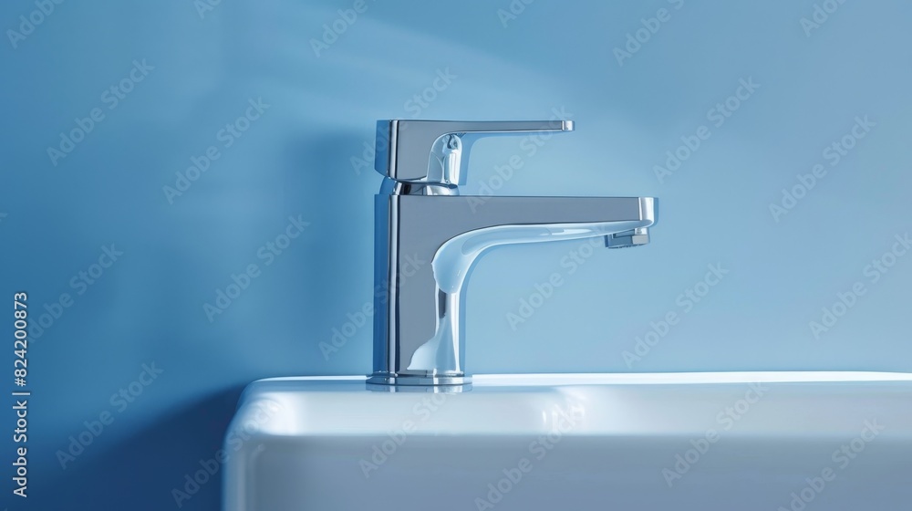 Close-up of a sleek water faucet, minimalist design, blue background, highlighting the elegance of modern water conservation