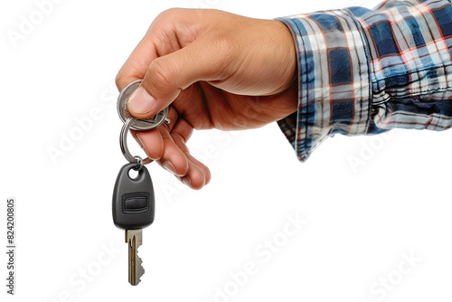 Man hand holding car key, isolated on white background