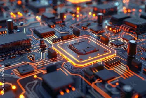 intricate circuit board with glowing microchips futuristic technology concept 3d render
