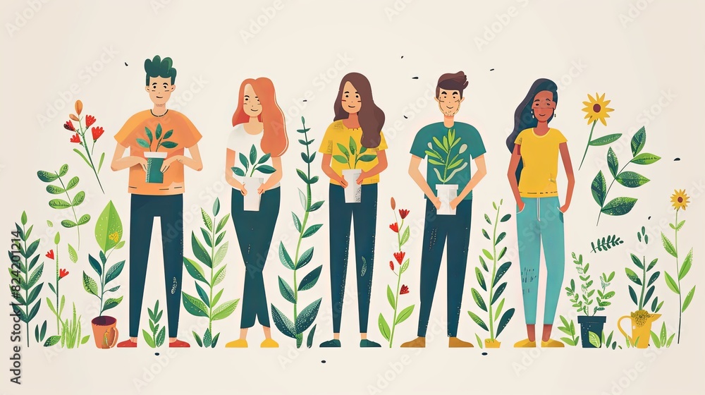 Obraz premium Save planet people poster. Men and women watering plants and picking up trash. Activists and volunteers care about narure and ecology, environment. Cartoon flat vector illustration