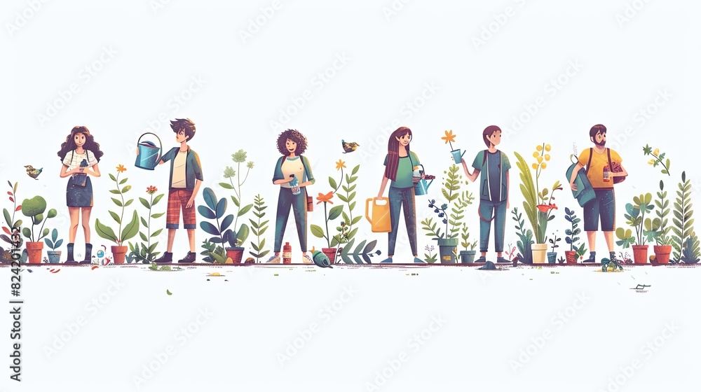 Save planet people poster. Men and women watering plants and picking up trash. Activists and volunteers care about narure and ecology, environment. Cartoon flat vector illustration Save planet people poster. Men and women watering plants and picking up trash. Activists and volunteers care about narure and ecology, environment. Cartoon flat vector illustration