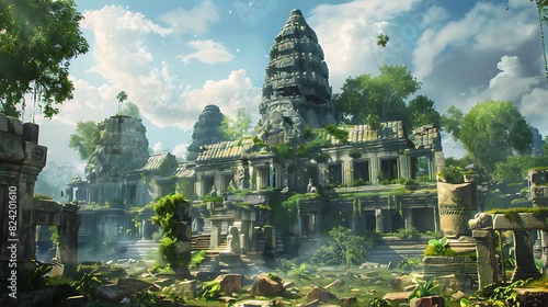An ancient temple complex reclaimed by nature, with trees sprouting from its rooftops and reaching towards the sky © H7 CLUB