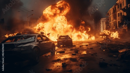 Exploding luxury car in city. Generative AI © ceoJAHID