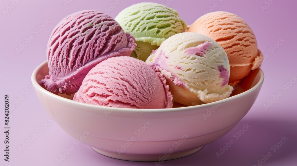 Close-up of three ice cream scoops in a pastel dish, vibrant colors, isolated background, studio lighting Close-up of three ice cream scoops in a pastel dish, vibrant colors, isolated background, studio lighting