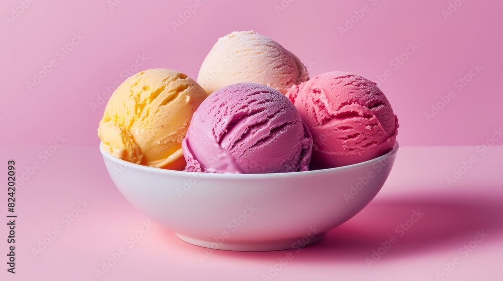 Close-up of three ice cream scoops in a pastel dish, vibrant colors, isolated background, studio lighting Close-up of three ice cream scoops in a pastel dish, vibrant colors, isolated background, studio lighting