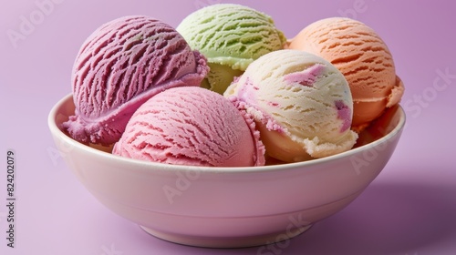 Close-up of three ice cream scoops in a pastel dish  vibrant colors  isolated background  studio lighting
