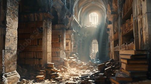 An ancient temple library with rows of weathered scrolls stacked on crumbling shelves, bathed in an ethereal light photo