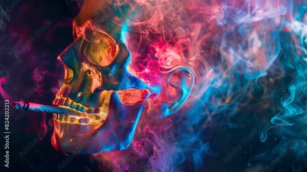 Close-up, psychedelic portrait of a person smoking, vibrant colors swirling around, smoke forming skull shapes, dark background Close-up, psychedelic portrait of a person smoking, vibrant colors swirling around, smoke forming skull shapes, dark background