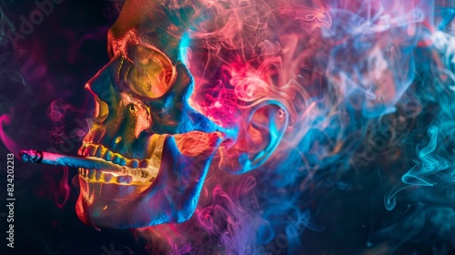 Close-up, psychedelic portrait of a person smoking, vibrant colors swirling around, smoke forming skull shapes, dark background