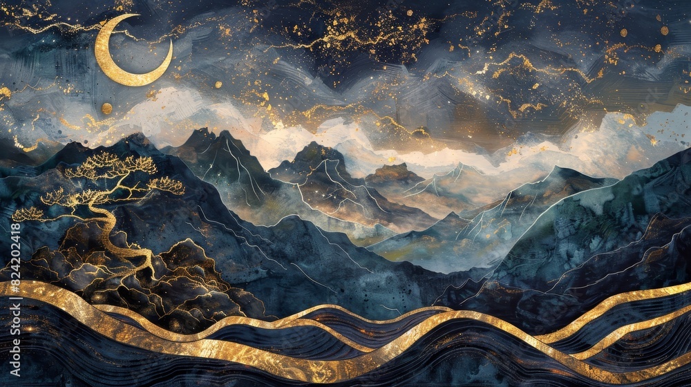 Contemporary 3D mural, night landscape, shadowy mountains, grand golden tree, swirling gold waves, ethereal atmosphere Contemporary 3D mural, night landscape, shadowy mountains, grand golden tree, swirling gold waves, ethereal atmosphere