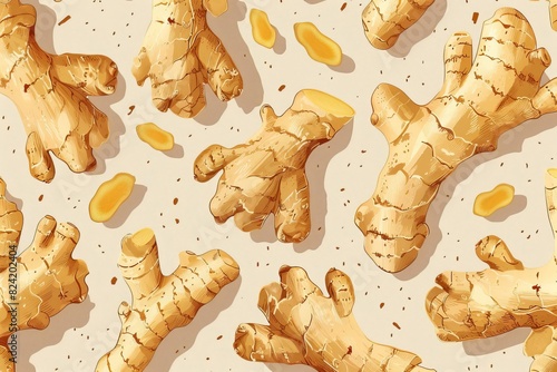 intricate ginger root pattern on beige flu season herbal remedy organic background illustration photo