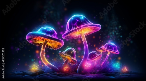 A group of colorful mushrooms are lit up in the dark