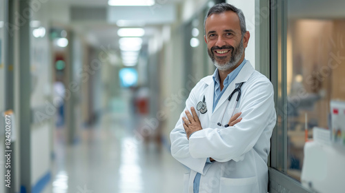 portrait of a smiling male doctor standing in modern hospital