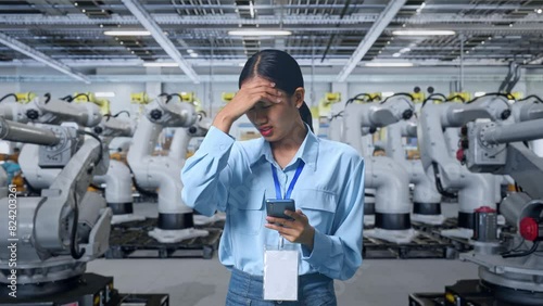 Asian Female Professional Worker Standing With Her Smarphone With Robotic Arms, She Is Nodding Her Shead With Dissapionted photo