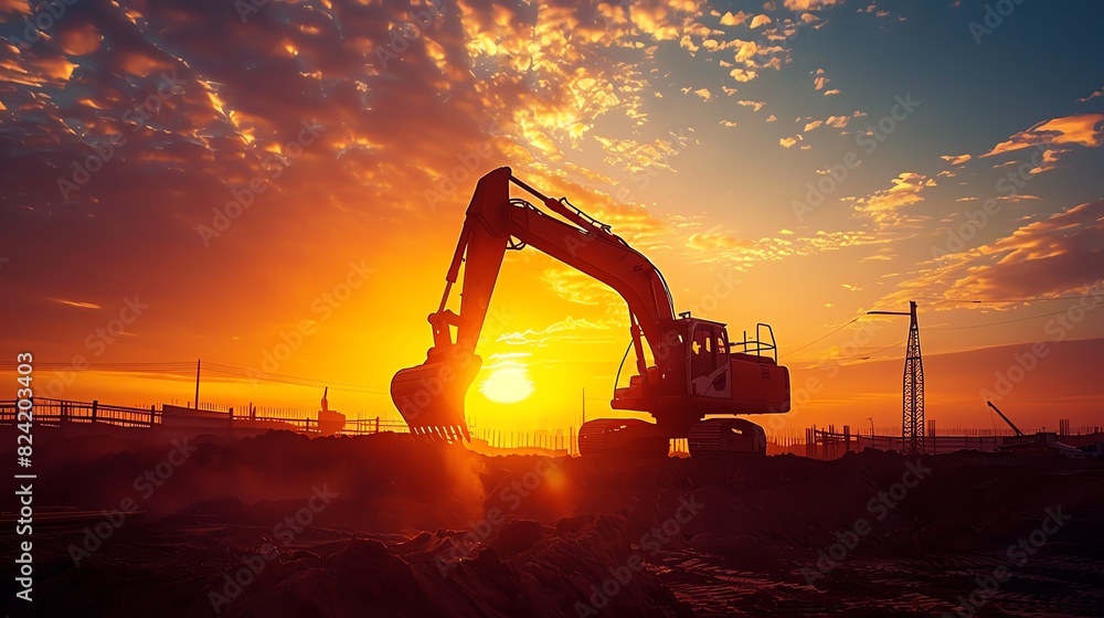 A construction site at dusk, with a truck and excavator silhouetted against the setting sun, emphasizing the end of the workday, Silhouette, Warm tones, Photography A construction site at dusk, with a truck and excavator silhouetted against the setting sun, emphasizing the end of the workday, Silhouette, Warm tones, Photography