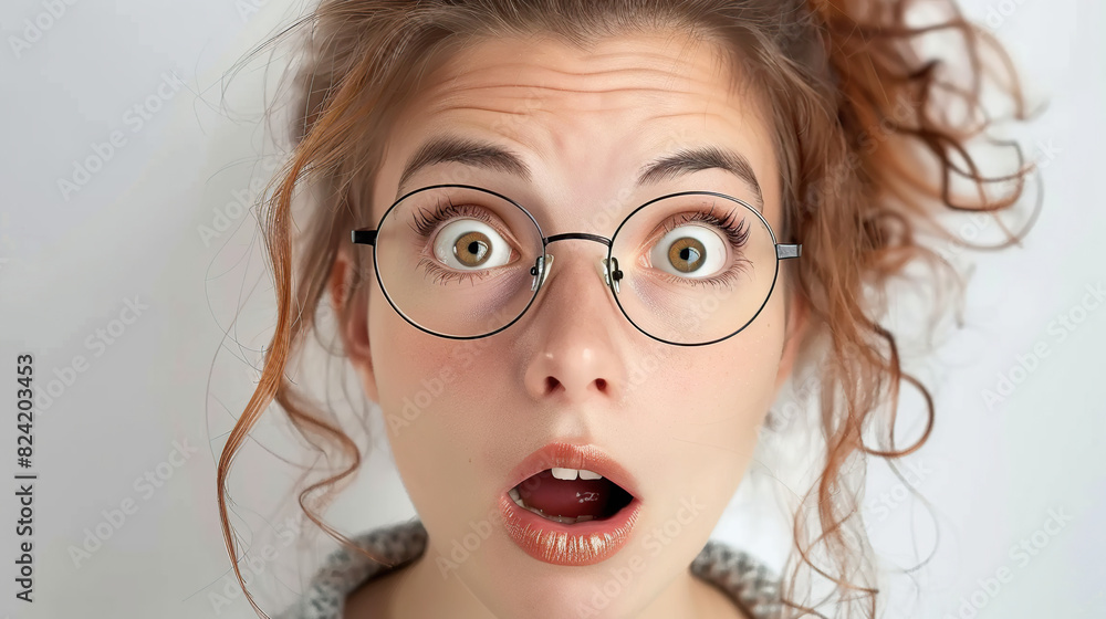 Shock, glasses and portrait of businesswoman in a studio with wow, omg or wtf facial expression Shock, glasses and portrait of businesswoman in a studio with wow, omg or wtf facial expression