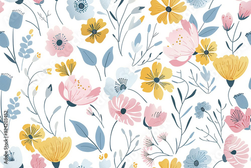 Watercolor floral seamless pattern in doodle style. Print with abstract flowers  leaves  and plants
