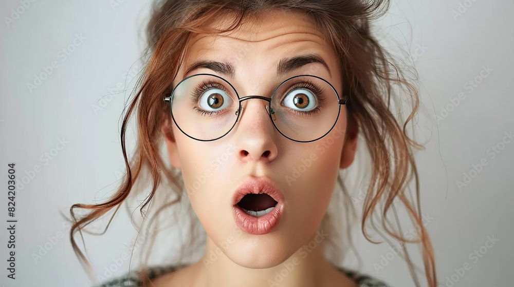 Shock, glasses and portrait of businesswoman in a studio with wow, omg or wtf facial expression Shock, glasses and portrait of businesswoman in a studio with wow, omg or wtf facial expression
