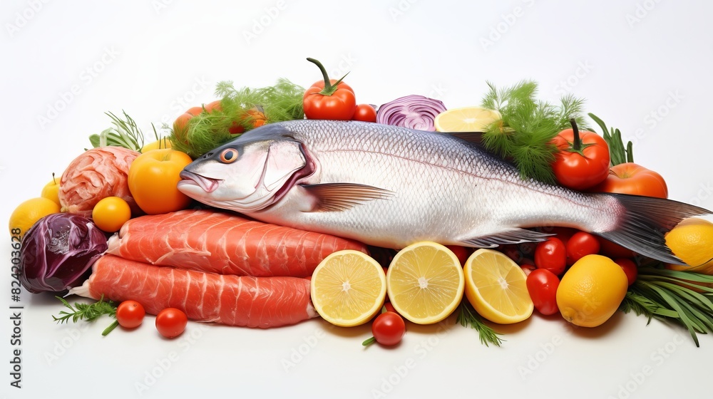 A fish is surrounded by a variety of vegetables and fruits, including tomatoes A fish is surrounded by a variety of vegetables and fruits, including tomatoes