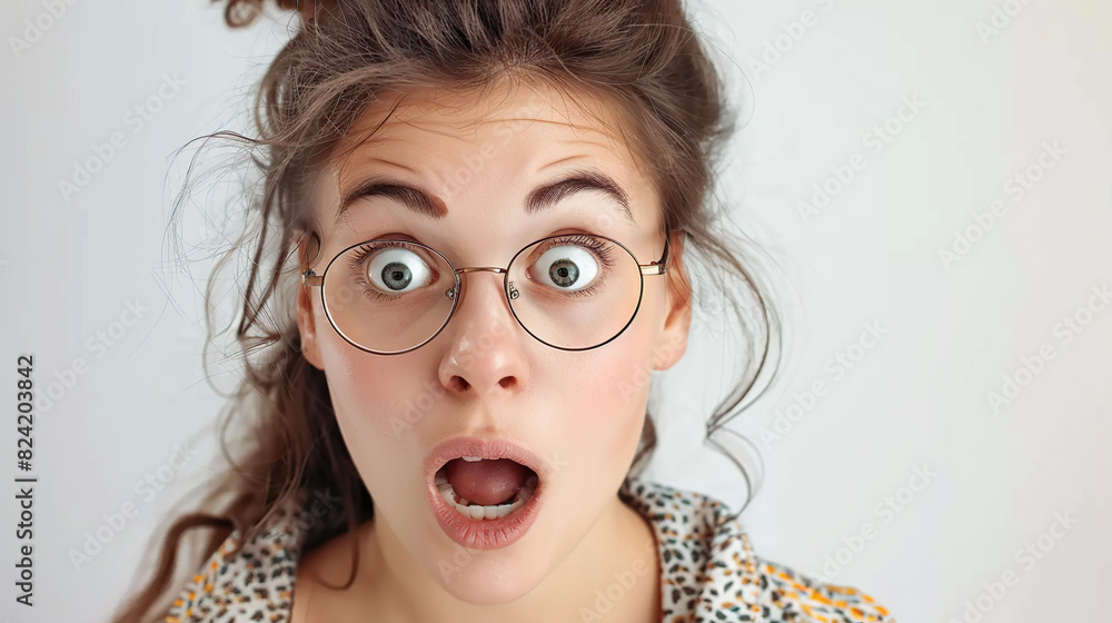 Shock, glasses and portrait of businesswoman in a studio with wow, omg or wtf facial expression Shock, glasses and portrait of businesswoman in a studio with wow, omg or wtf facial expression