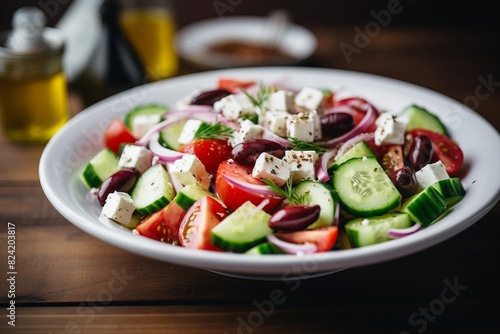 A white plate with a salad of tomatoes, cucumbers, and olives © GenBy