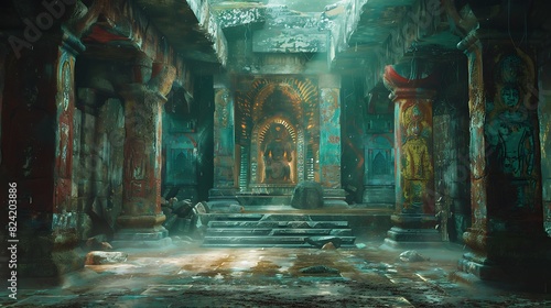 A hidden chamber within the ruins of an ancient temple, its walls adorned with vibrant murals depicting forgotten deities photo