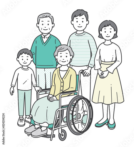 車いすのお婆さんを介助する三世代家族が集合した全身イラスト
