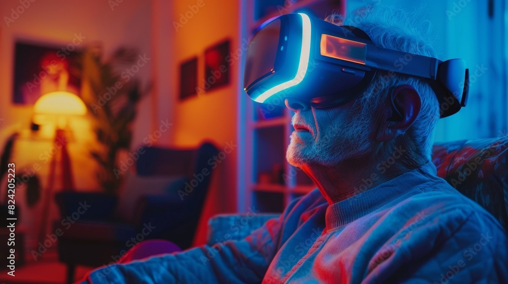 Elderly man in virtual reality glasses, immersed in a futuristic game, vibrant living room, intense focus on his face Elderly man in virtual reality glasses, immersed in a futuristic game, vibrant living room, intense focus on his face