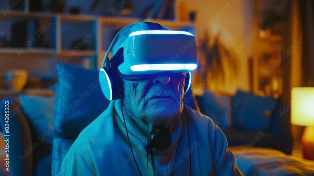 Elderly man in virtual reality glasses, immersed in a futuristic game, vibrant living room, intense focus on his face Elderly man in virtual reality glasses, immersed in a futuristic game, vibrant living room, intense focus on his face