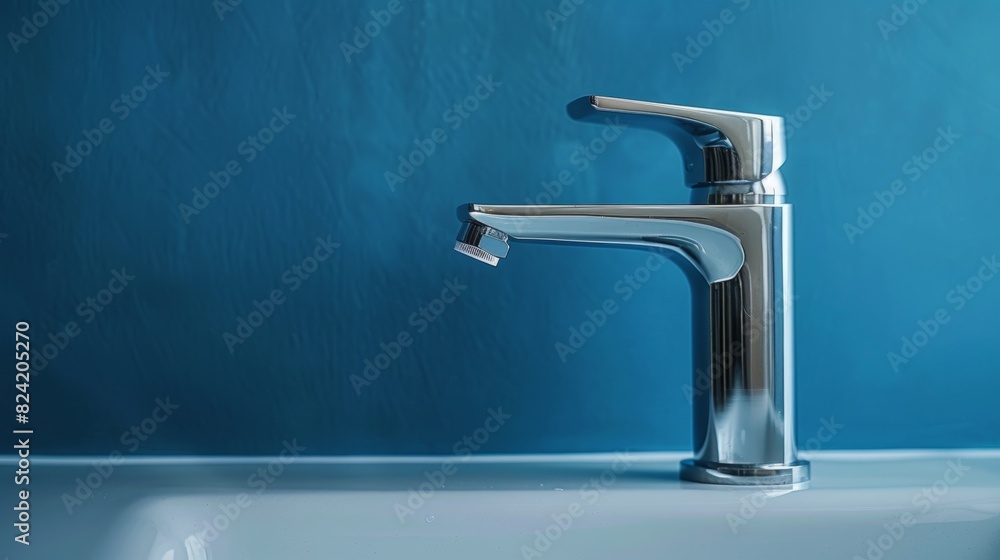 Elegant water faucet in a minimalist style, close-up, blue background, symbolizing sustainable water use and modern design Elegant water faucet in a minimalist style, close-up, blue background, symbolizing sustainable water use and modern design