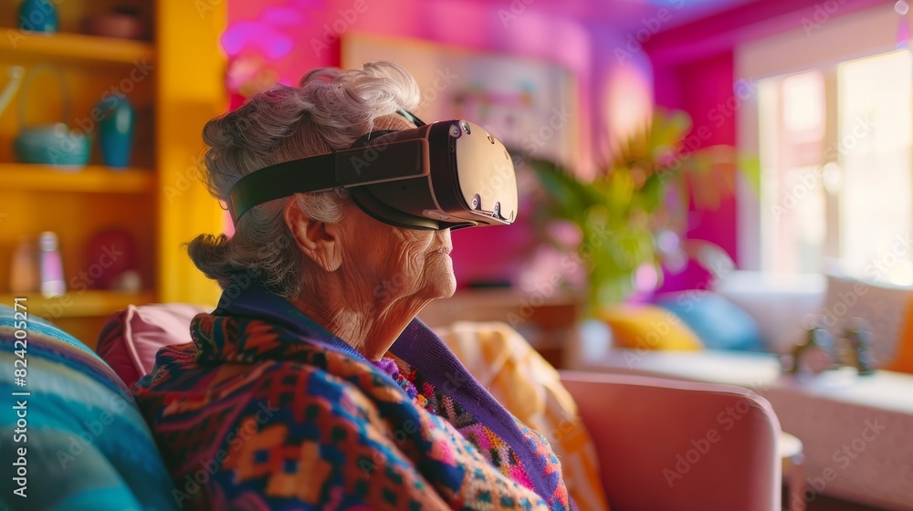 Elderly lady with VR glasses, engaging in a virtual adventure, surrounded by a sleek, high-tech living room setup Elderly lady with VR glasses, engaging in a virtual adventure, surrounded by a sleek, high-tech living room setup