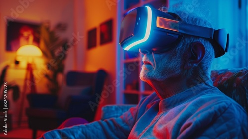Elderly man in virtual reality glasses, immersed in a futuristic game, vibrant living room, intense focus on his face photo